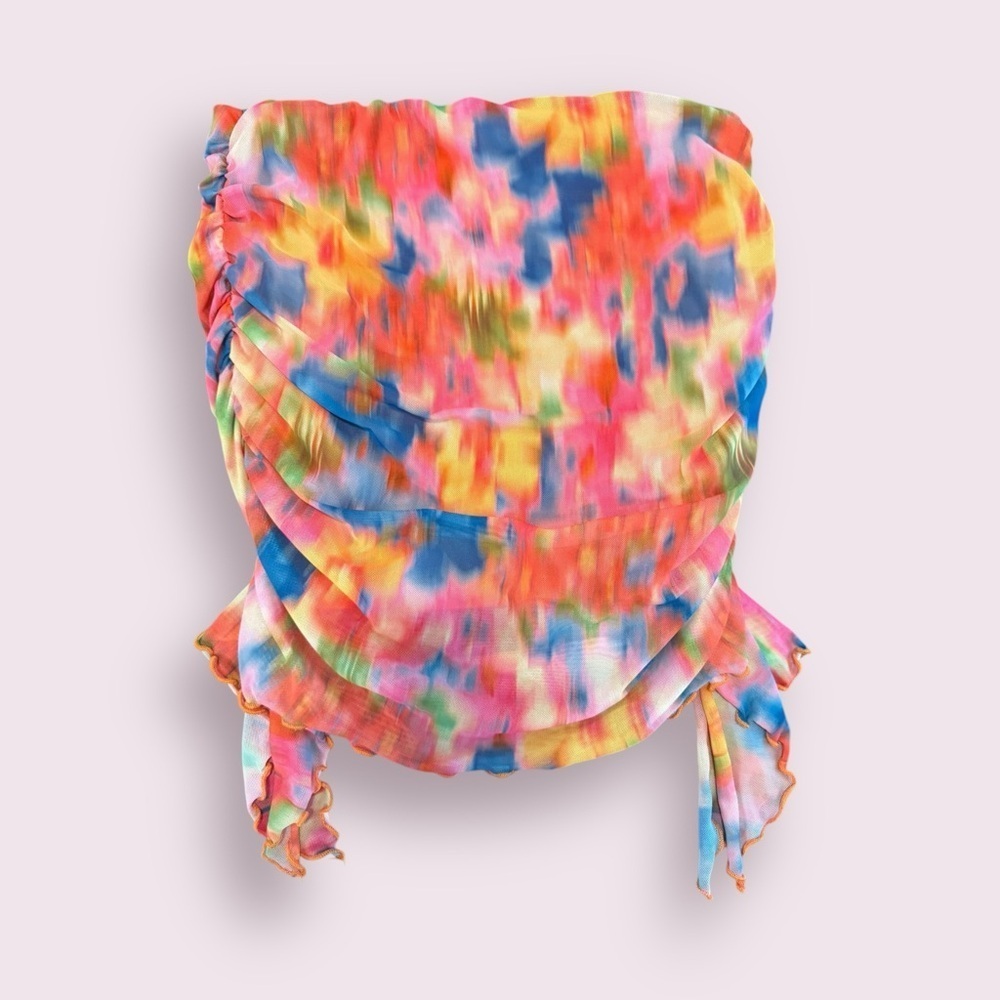 SHEIN Ruched Mini Skirt Abstract Print Multicolor Ruffle Hem Size L - Picture 3 of 3